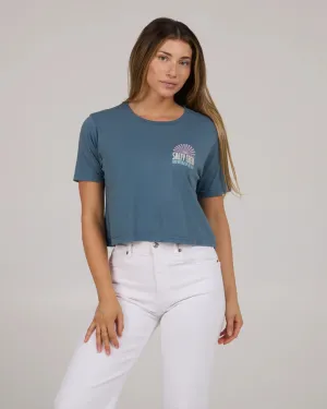 In The Rays Crop Top - Fin Blue Classic Crew Neck Quick Release Hem