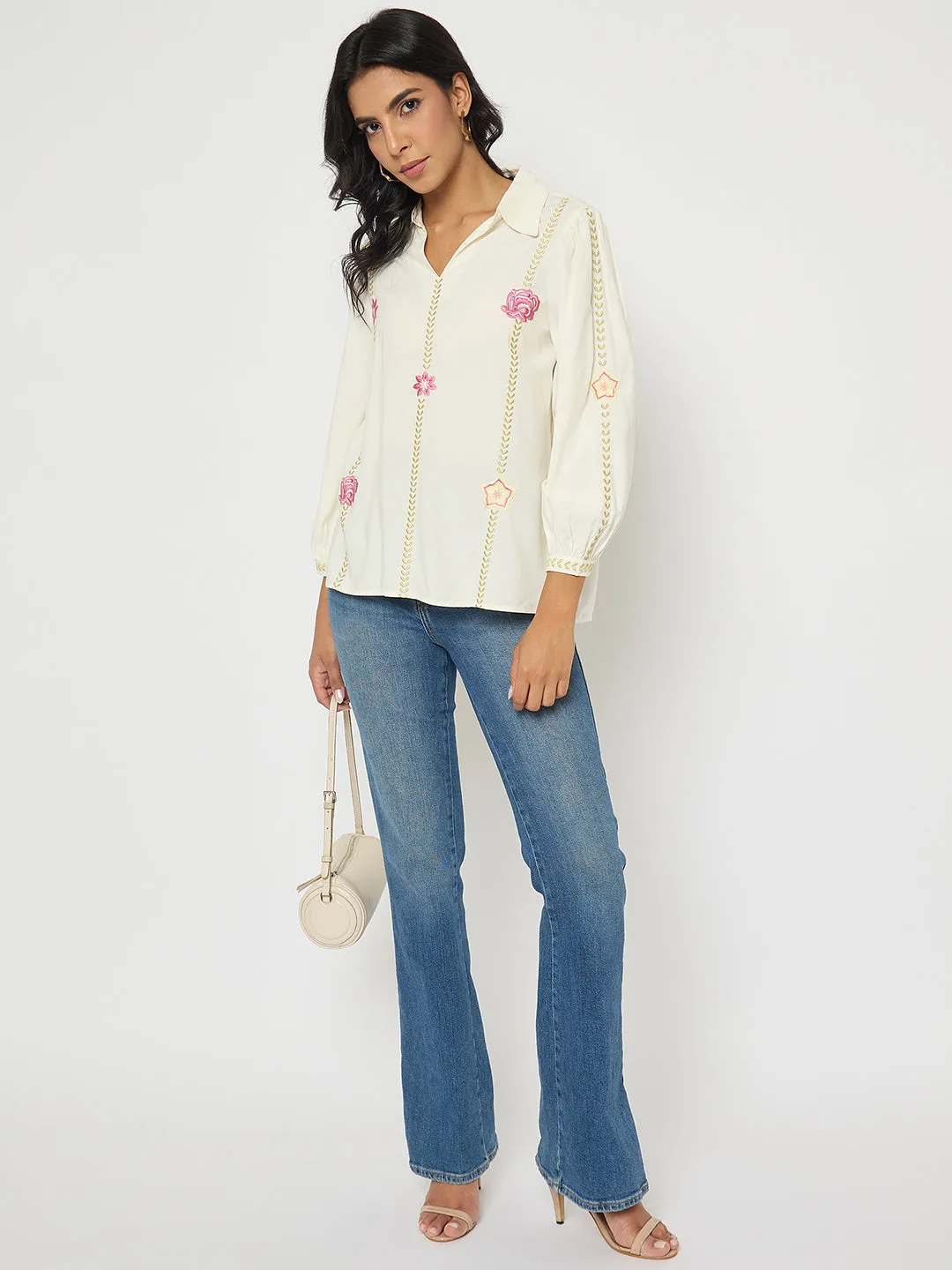 Korean Fresh Feather Glow Madame Off White Viscose Blend Floral Embroidered Shirt
