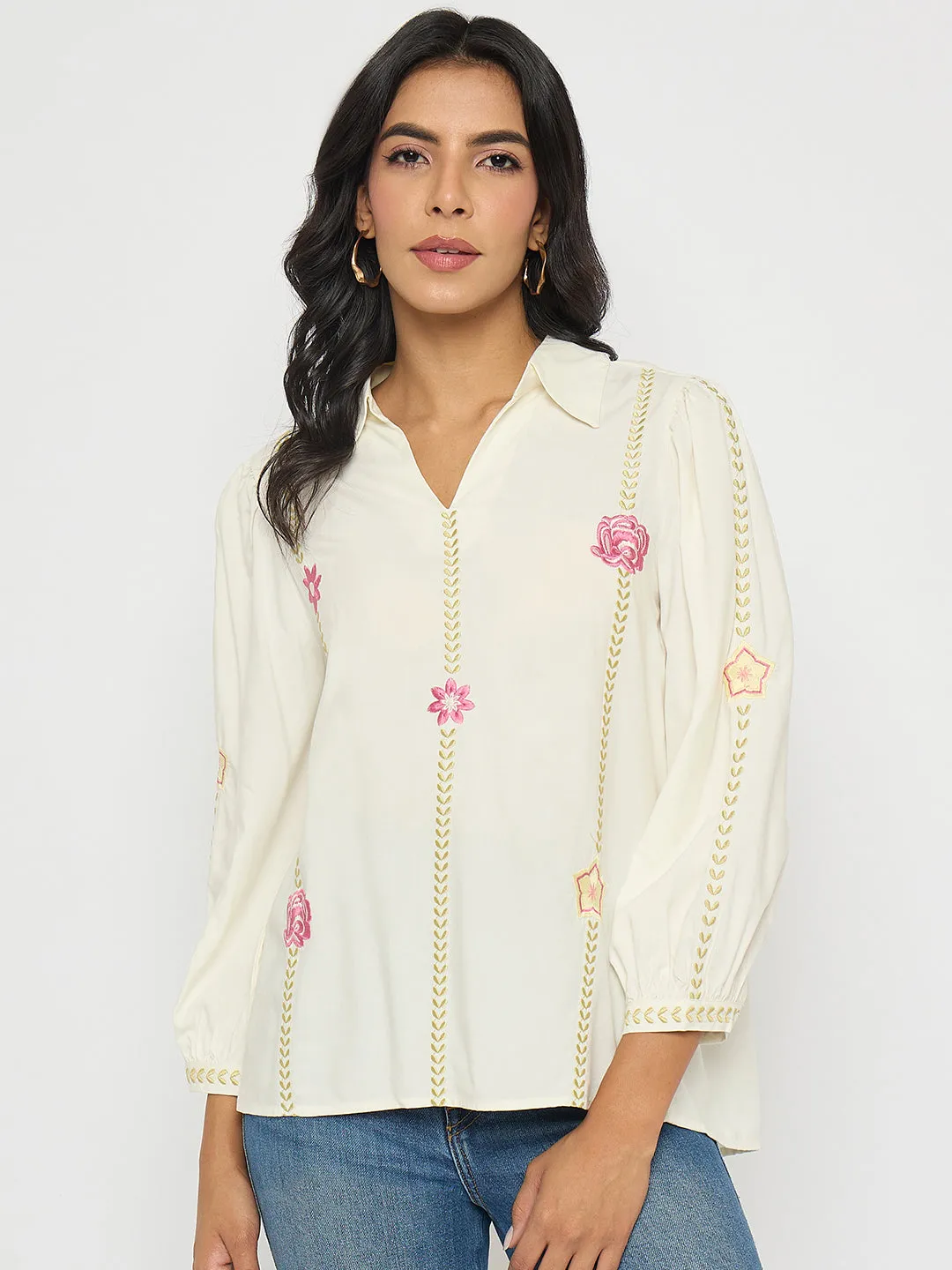 Madame Off White Viscose Blend Floral Embroidered Shirt Art Mood Smooth Line