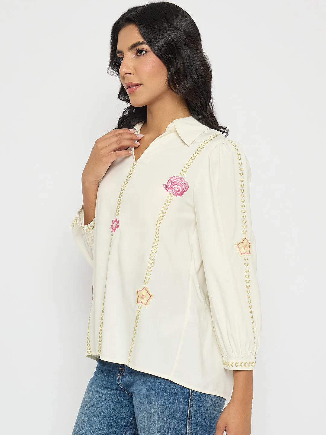 Madame Off White Viscose Blend Floral Embroidered Shirt Trendy Boots