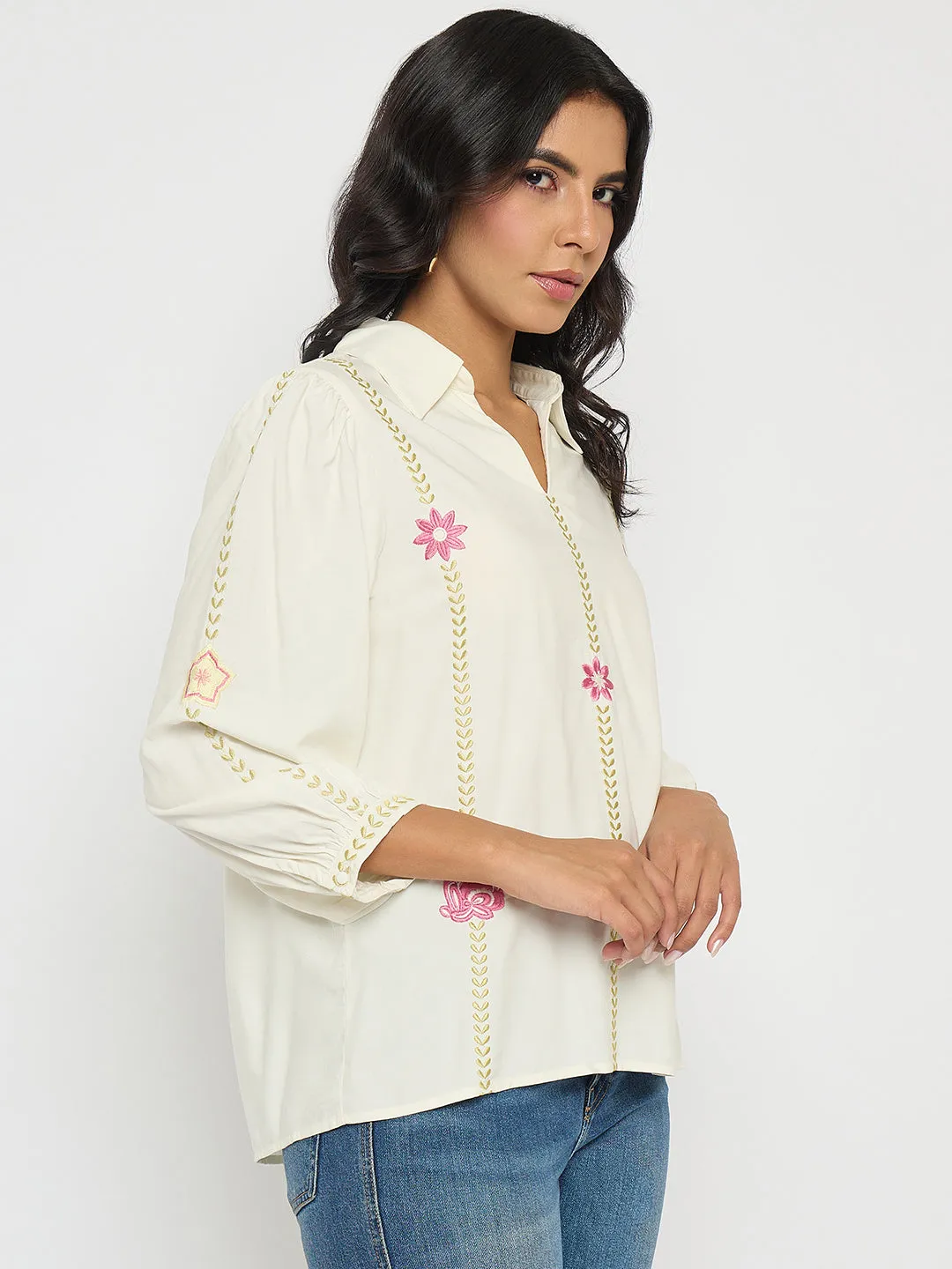Madame Off White Viscose Blend Floral Embroidered Shirt Breathable knit Cool Frame
