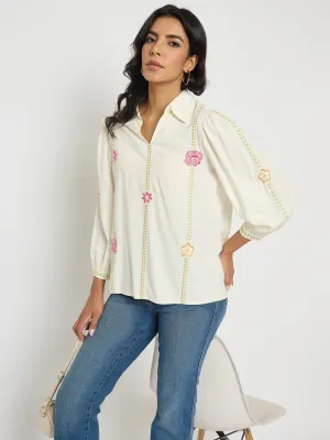 Quiet Luxury QuickReleaseFastener Madame Off White Viscose Blend Floral Embroidered Shirt