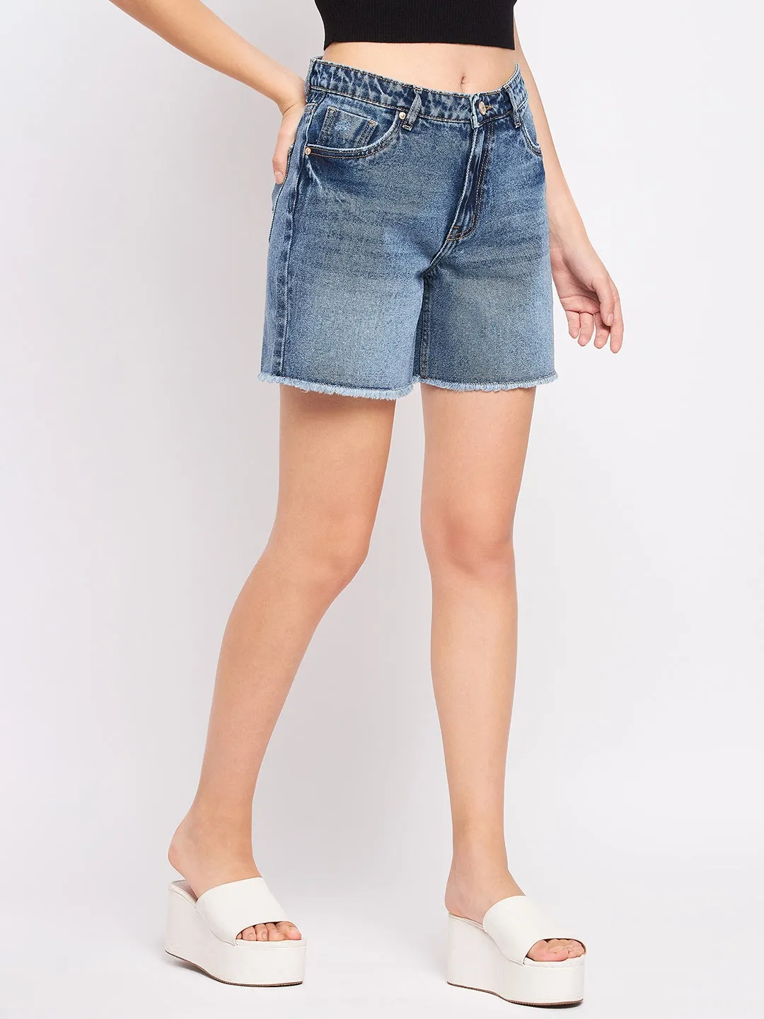 DoubleStitchedSeams Madame Blue Mid Rise Denim Shorts