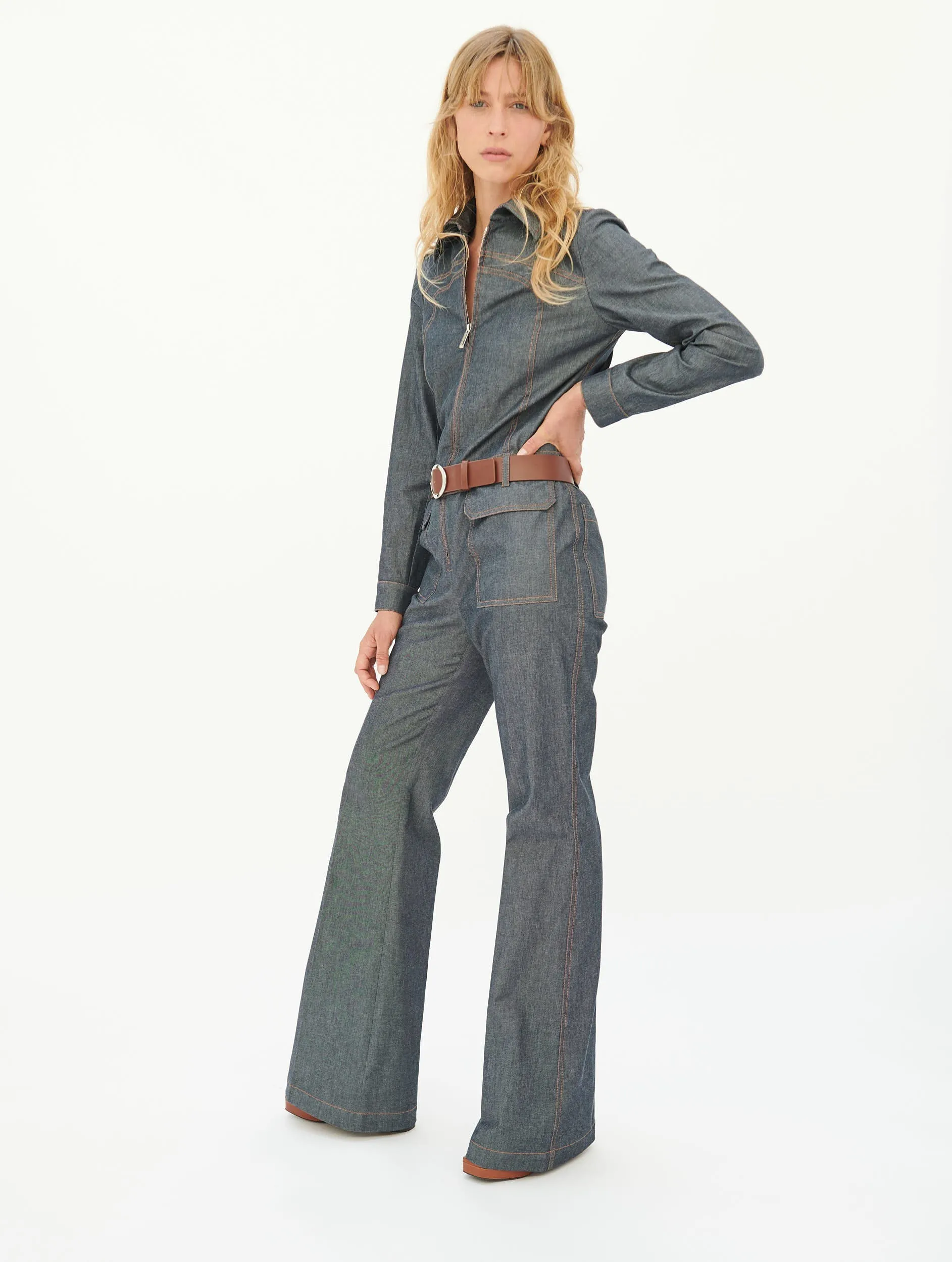denim trouser jumpsuit Comfortable Cut Plaid detail