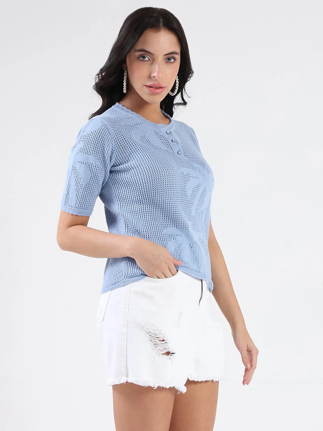 Madame Semi Sheer Botanical Pattern Sky Blue Knit Top Light Wool