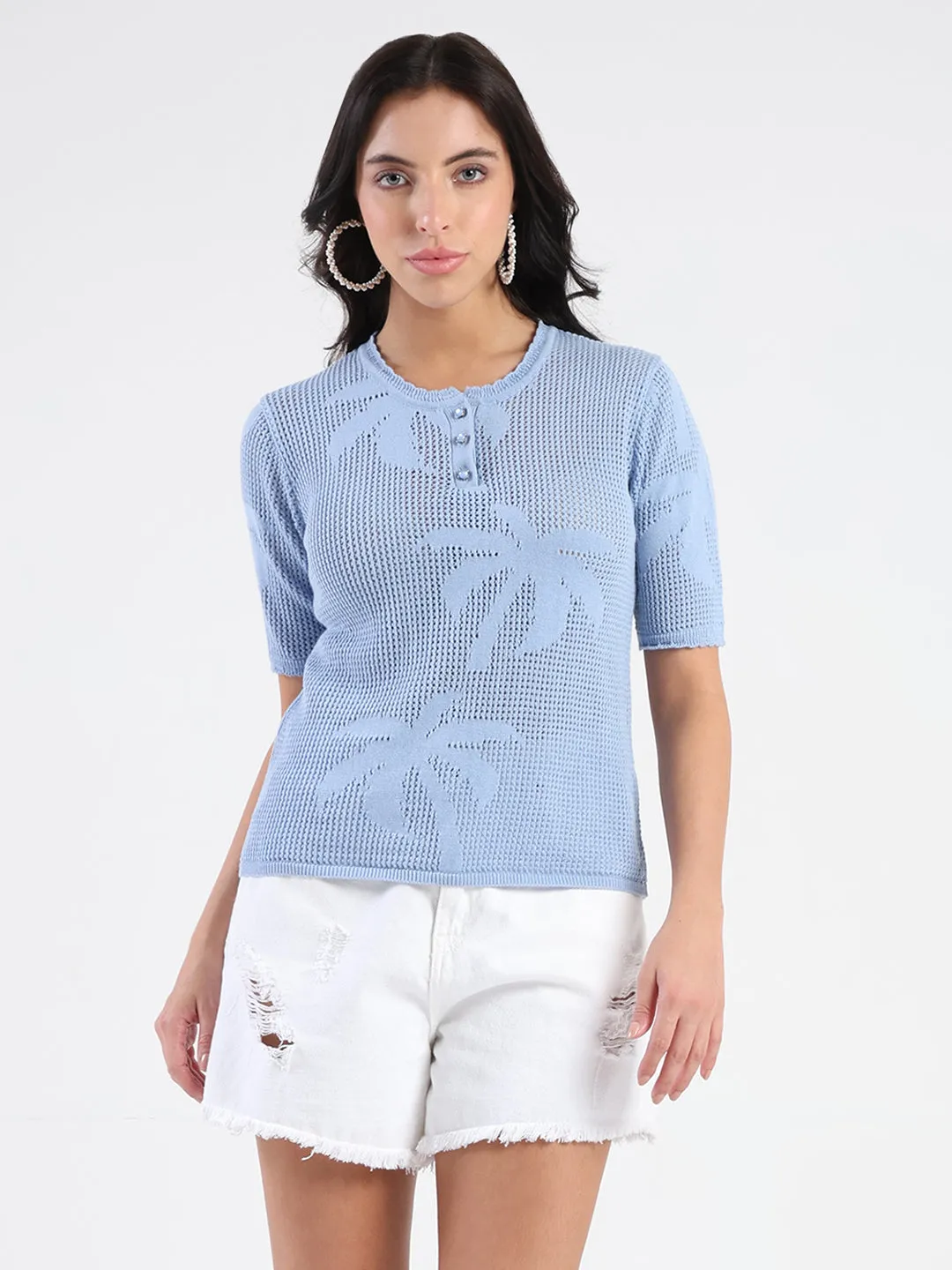 Madame Semi Sheer Botanical Pattern Sky Blue Knit Top Trend Base