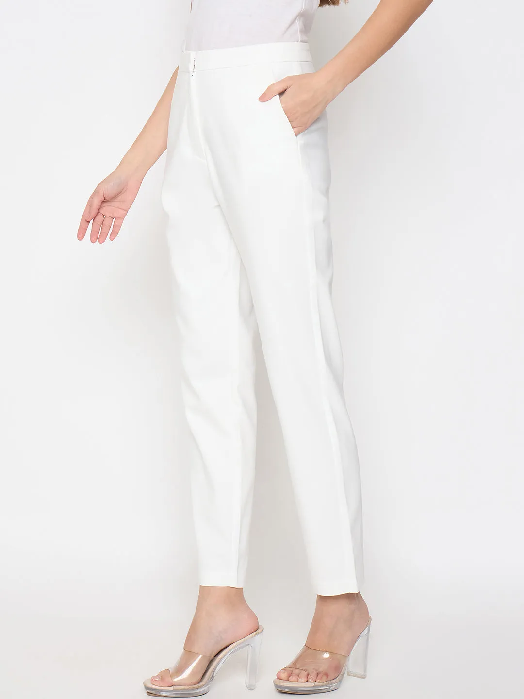Reinforced Stitching Madame Alex Waist Belt Detail Solid White Trousers