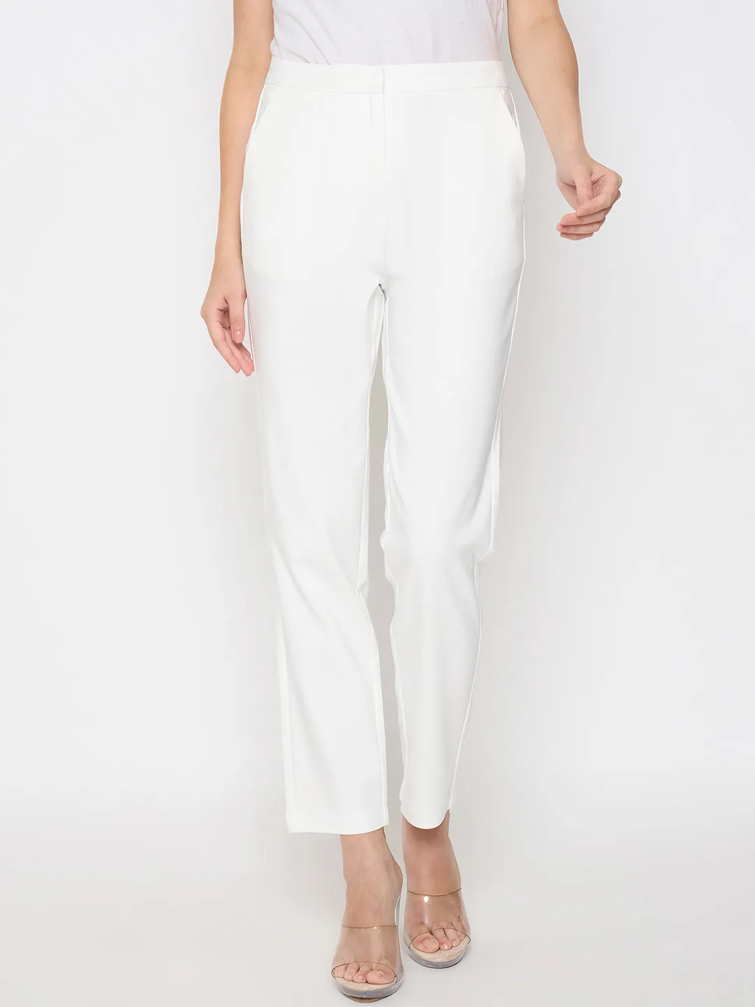 Madame Alex Waist Belt Detail Solid White Trousers Comfortable Fit Look