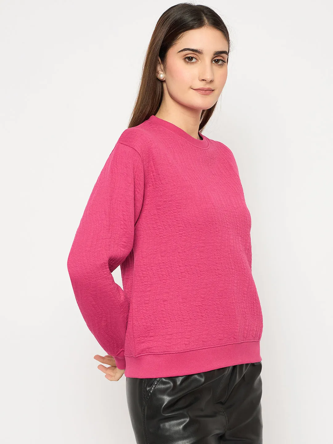 Moisture wicking Madame Knitted Self-Textured Hot Pink Sweatshirt