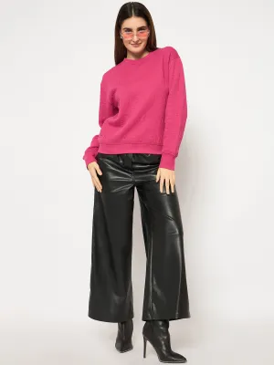Madame Knitted Self-Textured Hot Pink Sweatshirt Regular Fit