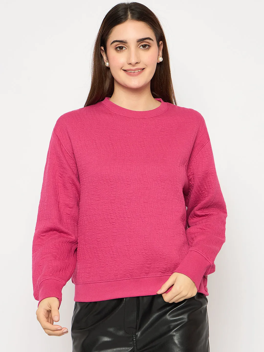 Madame Knitted Self-Textured Hot Pink Sweatshirt anti shrinking