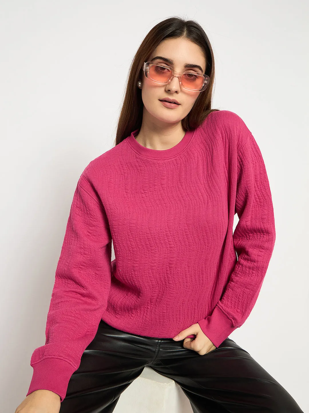 Madame Knitted Self-Textured Hot Pink Sweatshirt Ombre