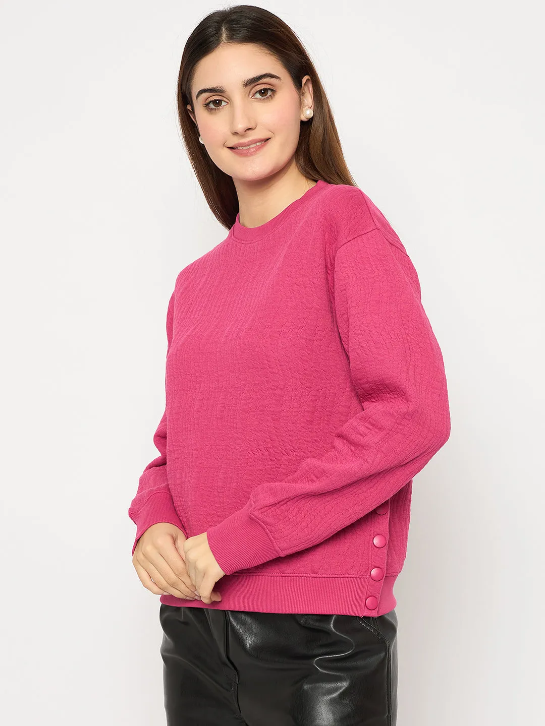 Madame Knitted Self-Textured Hot Pink Sweatshirt Anti Pilling