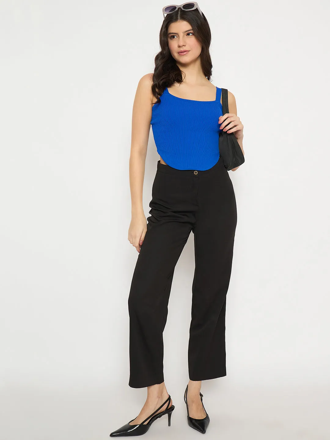 Madame Strap Neckline Royal Blue Knit Top Sophisticated Style