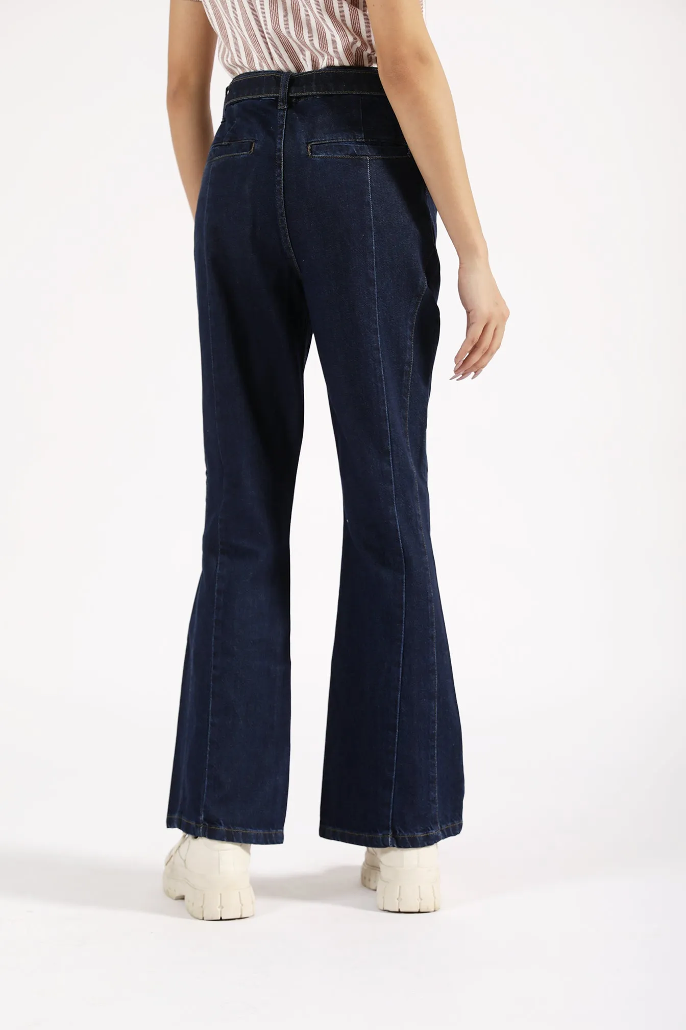 FLARED DENIM WITH BELT DETAIL Organic Cotton Blend RecycledPolyester