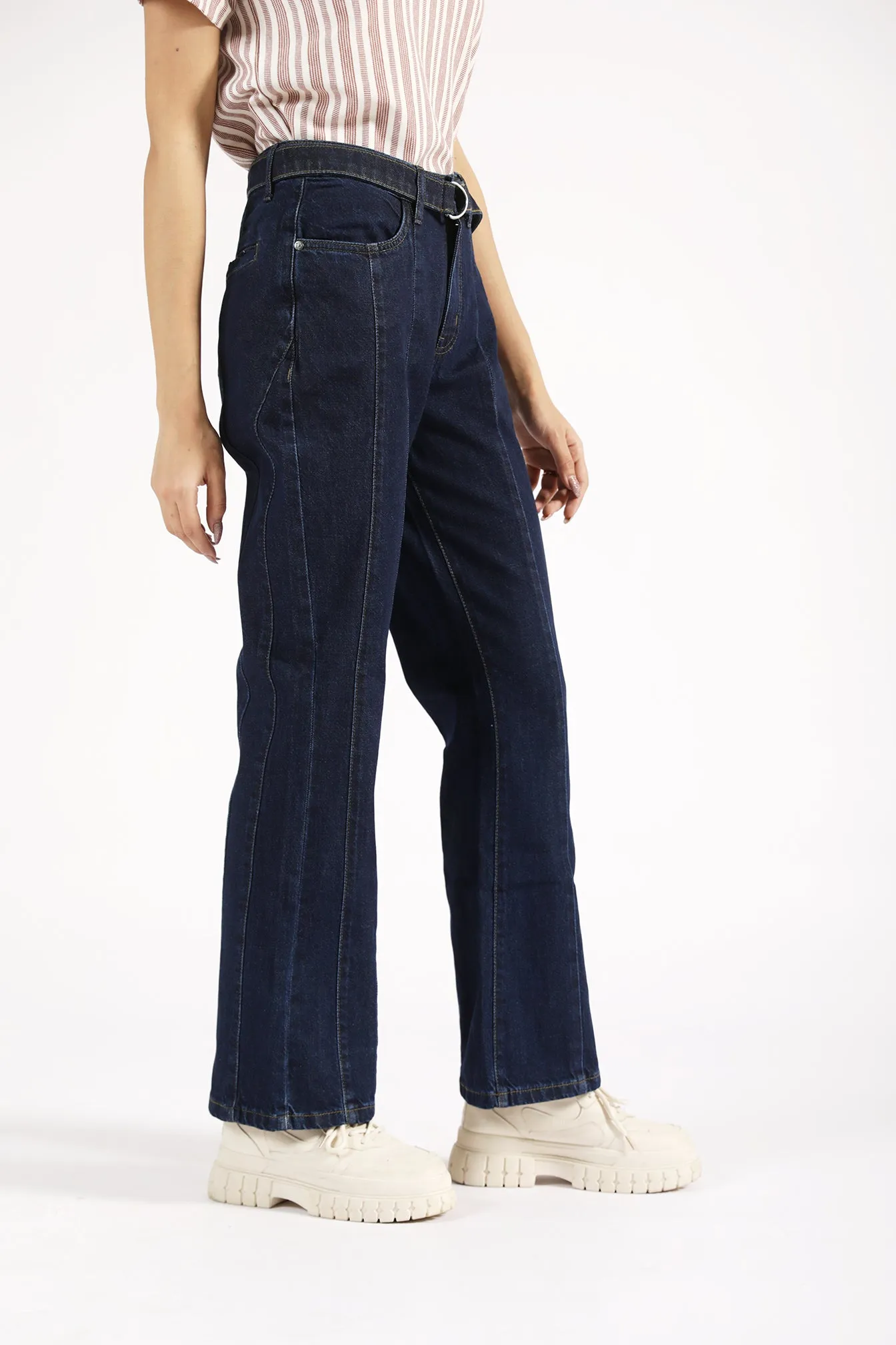 FLARED DENIM WITH BELT DETAIL Flattering Comfort Wear ElasticWaist
