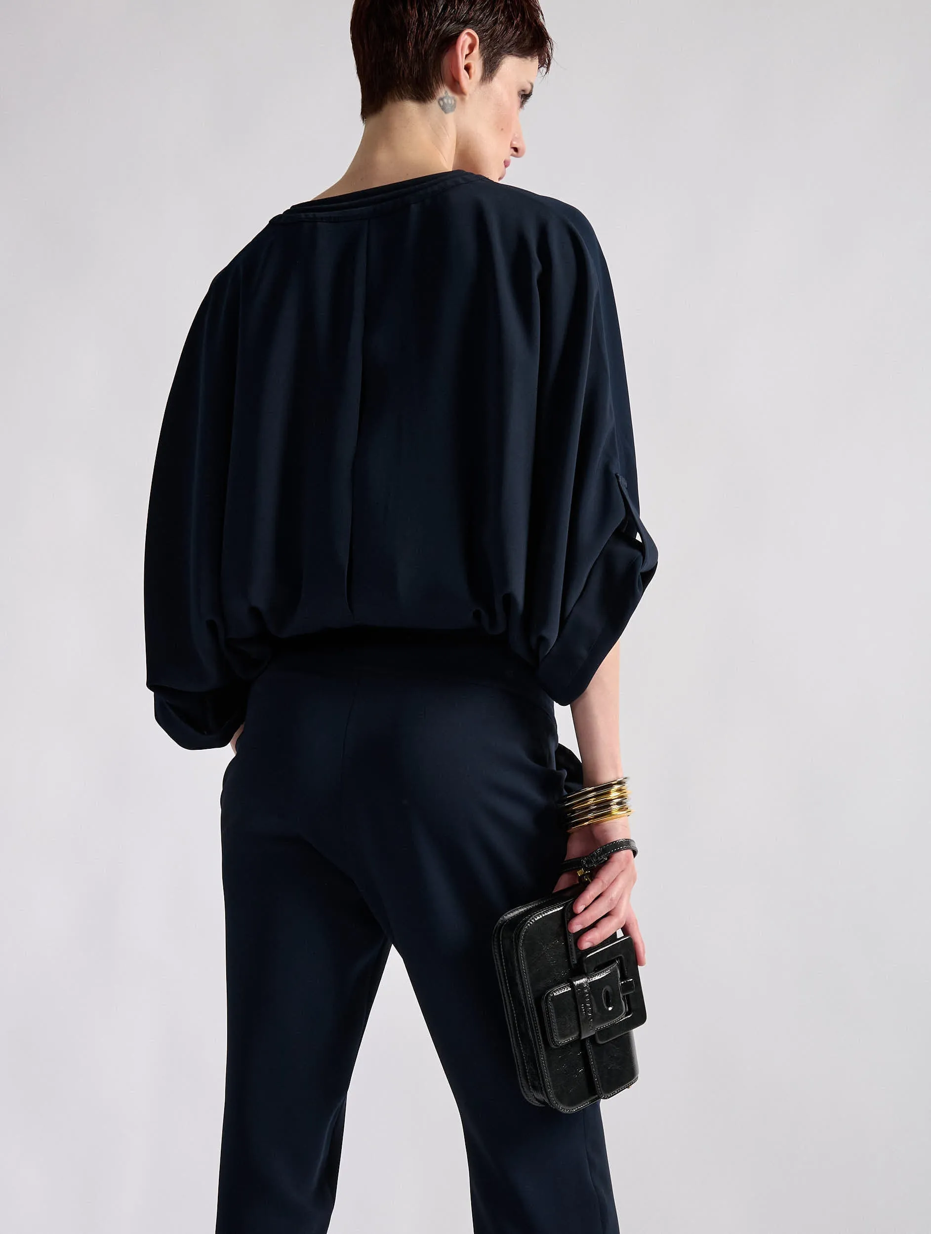 EcoFriendlyBlend Barrel Waist Navy flowing caddy jumpsuit