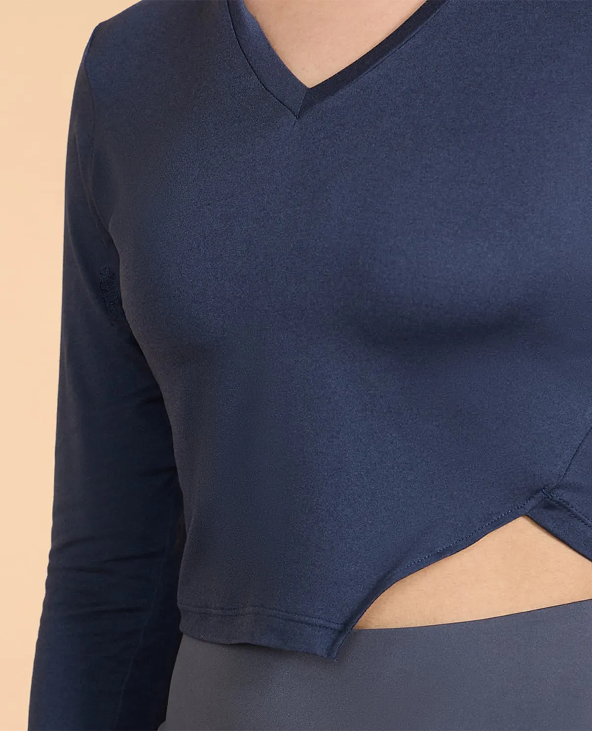 Casual Layering Wear DoubleStitched Seams Full Sleeves Crop Top in Feather Feel Fabric Grey