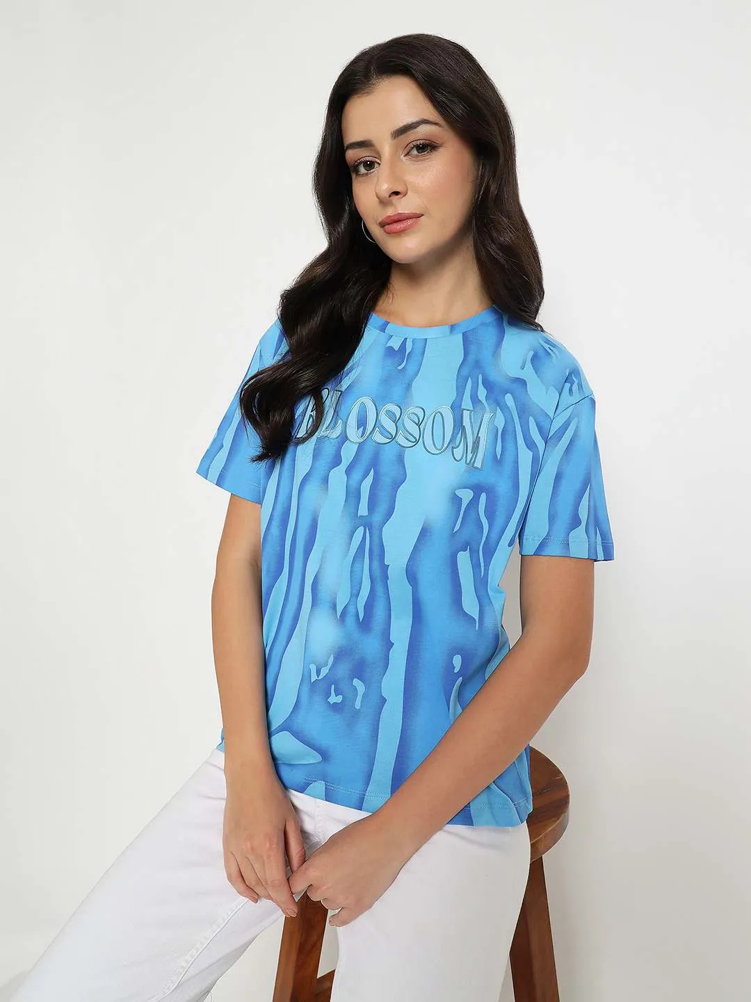 Madame Typography Print Half Sleeve Air Force Cotton T-shirt Embroidered OversizedSilhouette
