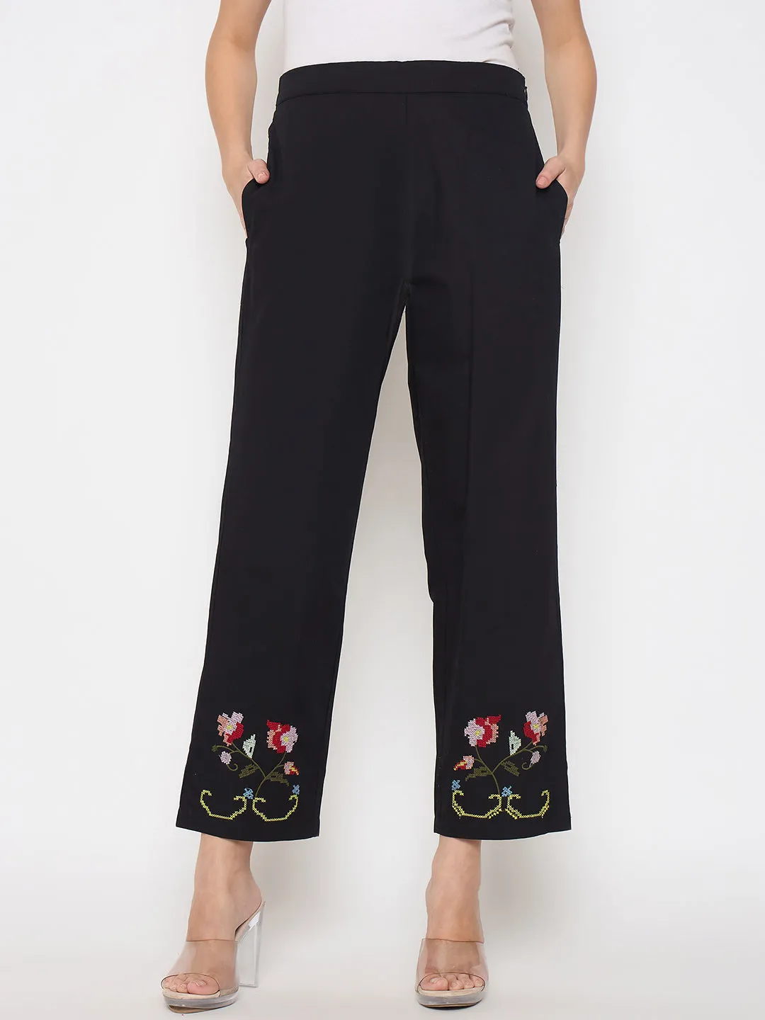 Slim Silhouette Versatile Layering Madame Floral Embroidery Wide Leg Black Cotton Trousers