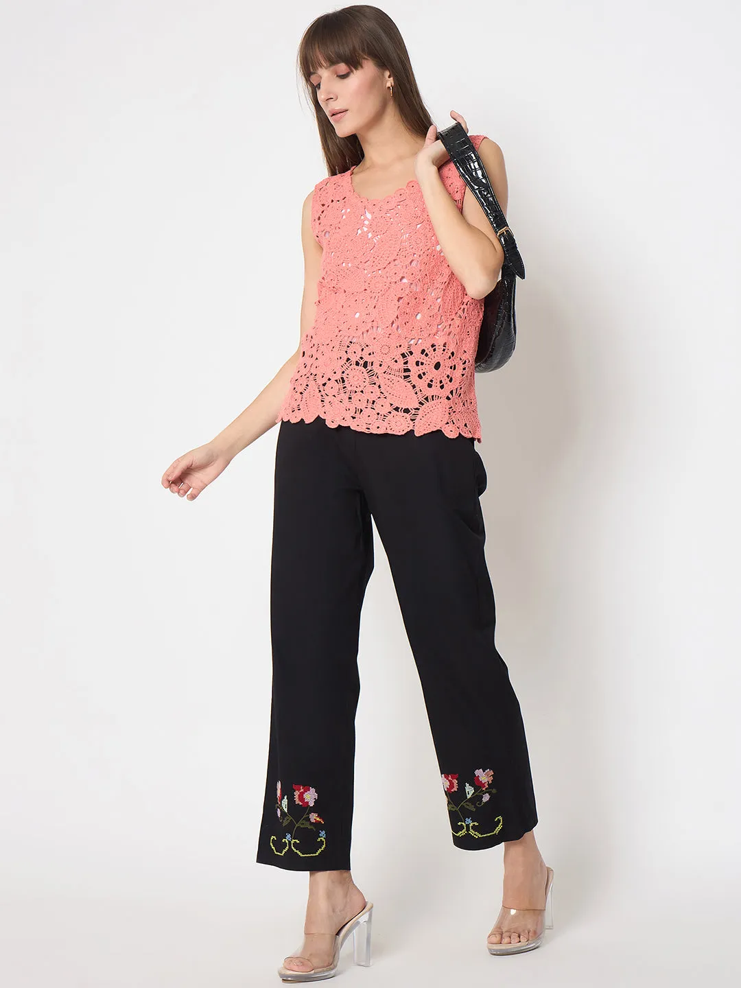 Madame Floral Embroidery Wide Leg Black Cotton Trousers Wrinkle-Resistant