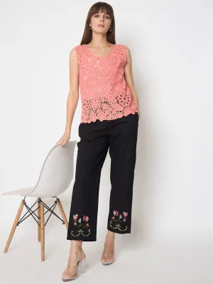 Flexible Fit Madame Floral Embroidery Wide Leg Black Cotton Trousers