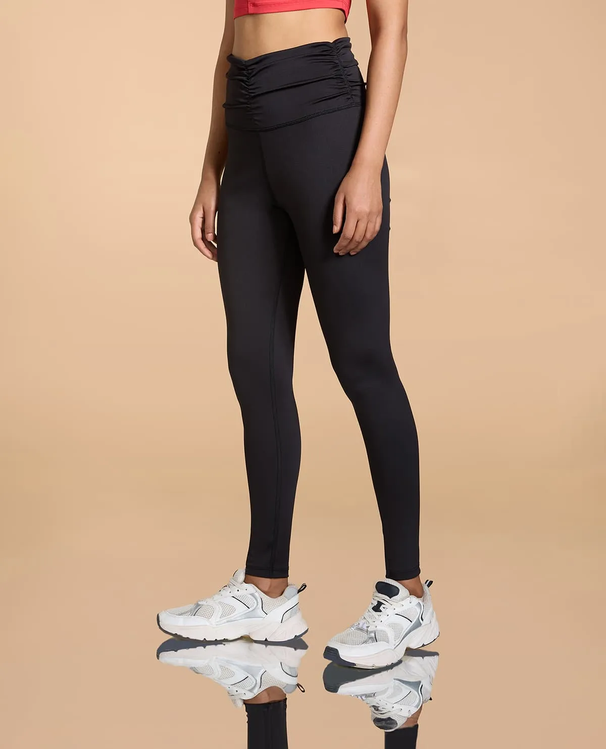Ruched Waistband Leggings in Second SKN With Back Pocket Thumb Hole Sleeve