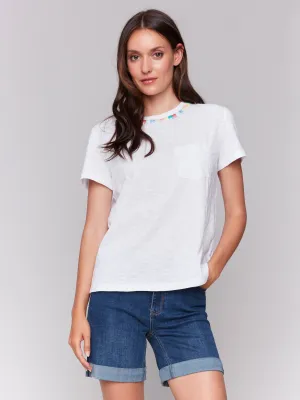 Embroidered Neckline Cotton T-Shirt - White StaticFreeLining Summer Skirt