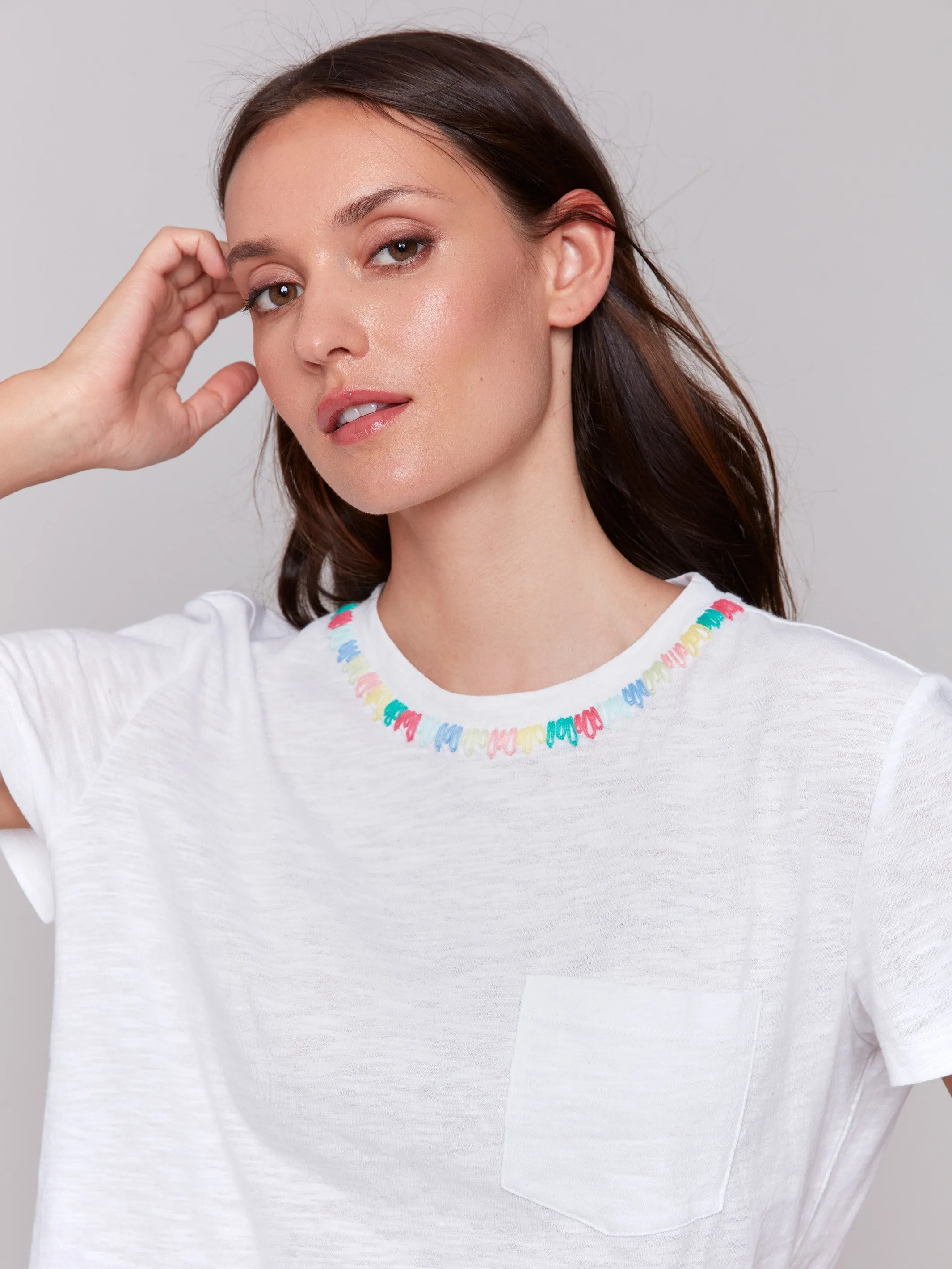 Sophisticated Style Embroidered Neckline Cotton T-Shirt - White