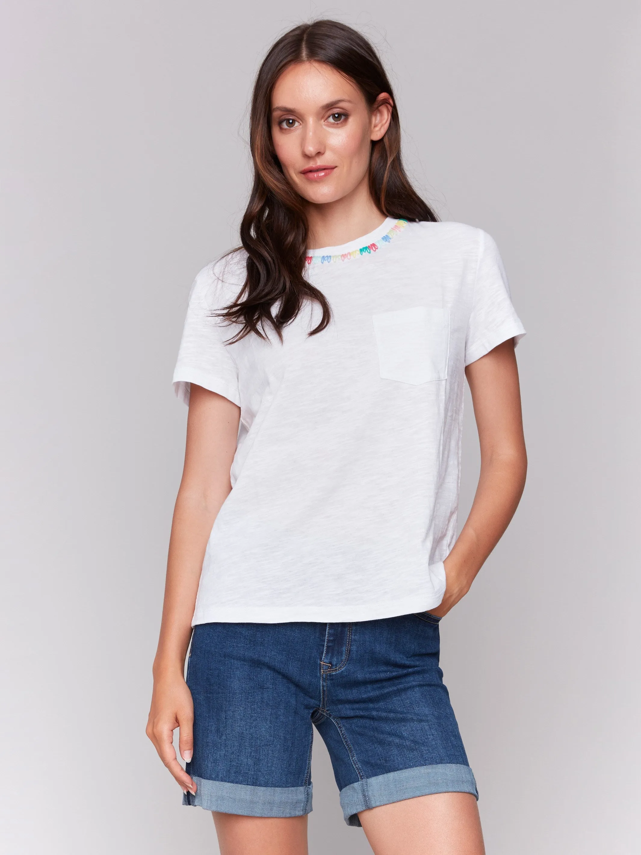 Embroidered Neckline Cotton T-Shirt - White StaticFreeLining Summer Skirt