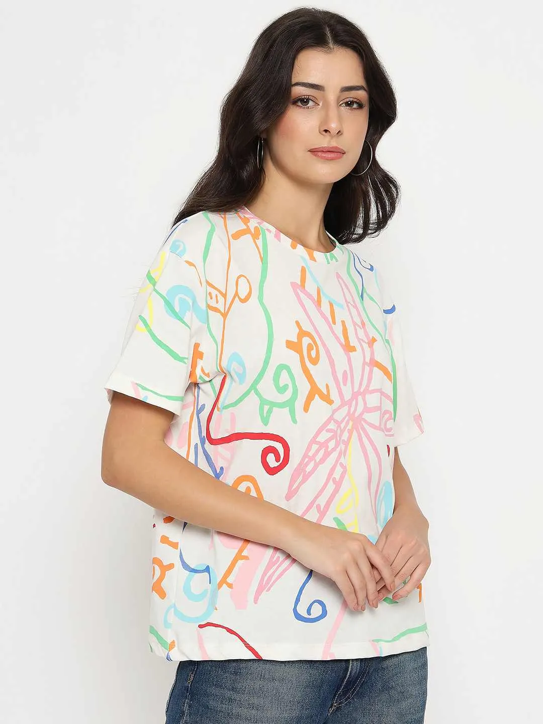 Madame All Over Print Half Sleeve White Cotton T-shirt Comfortable and Chic