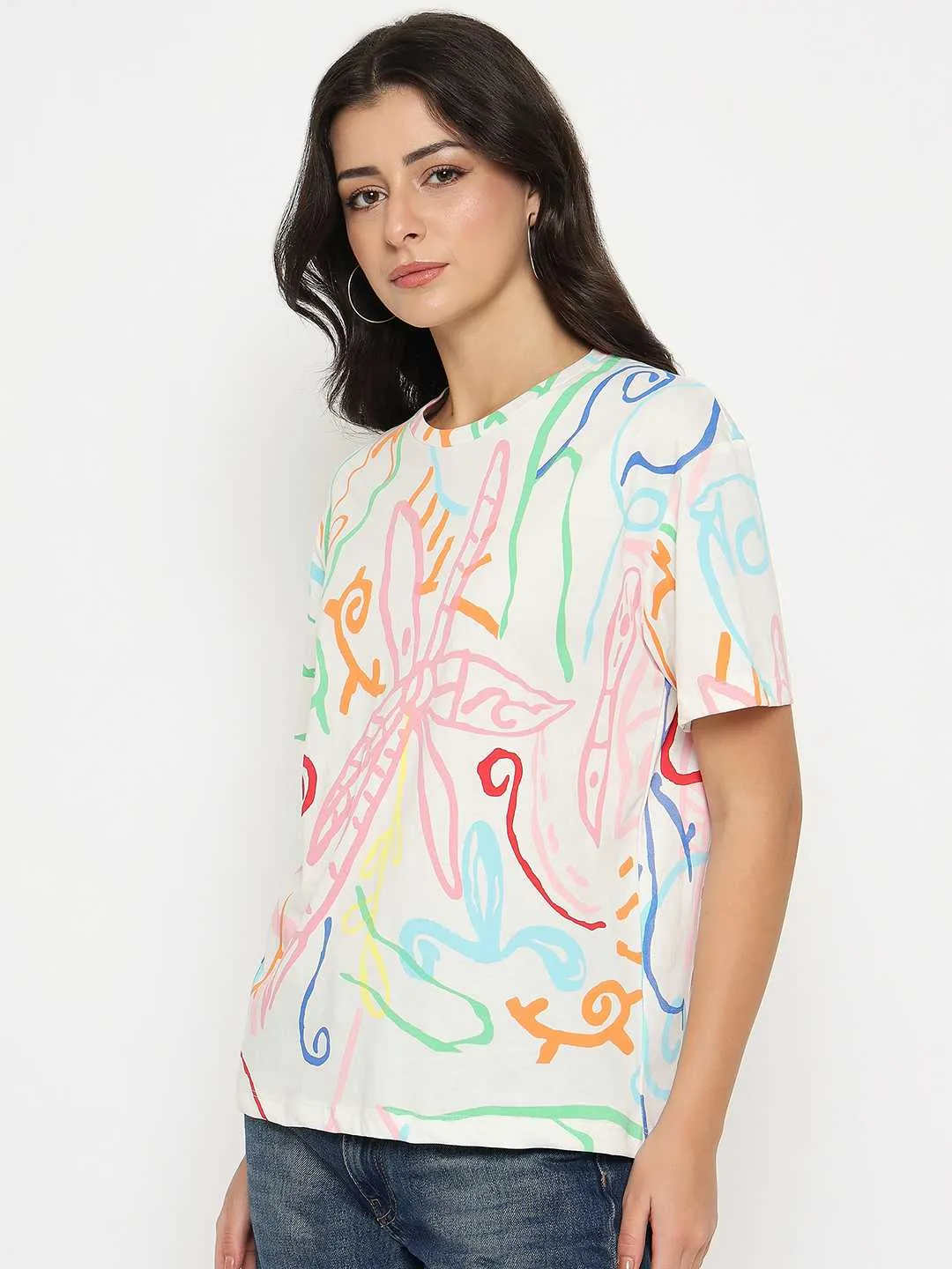 contrast Odor Resistant Material Madame All Over Print Half Sleeve White Cotton T-shirt