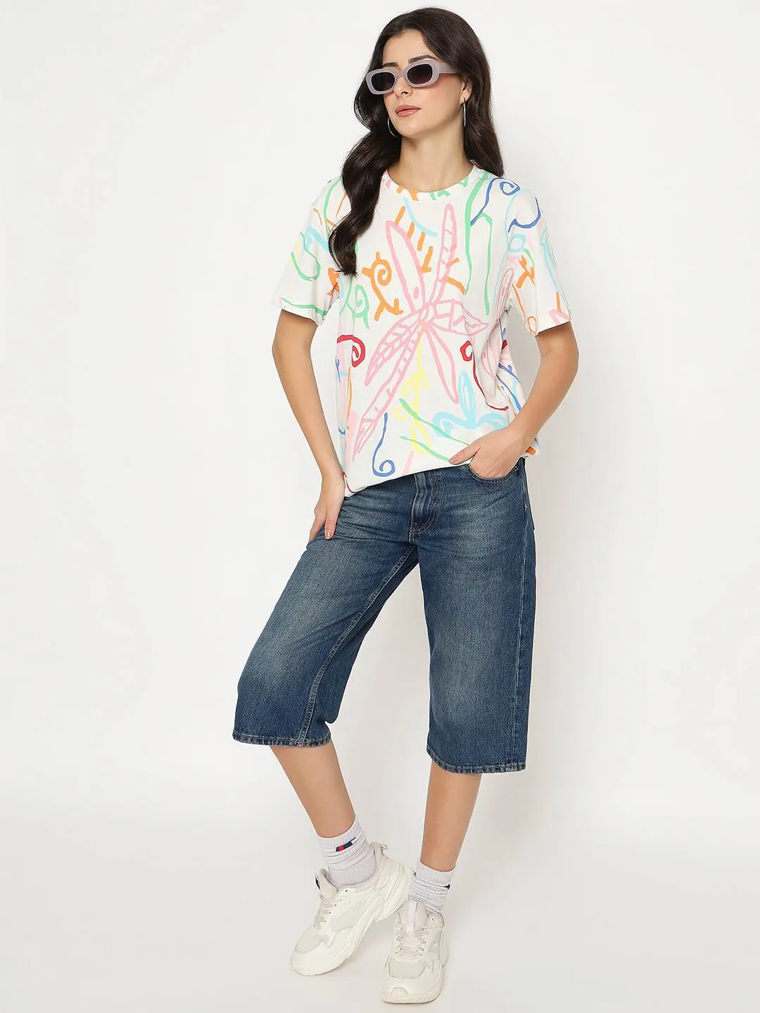 Madame All Over Print Half Sleeve White Cotton T-shirt Oversized Fit