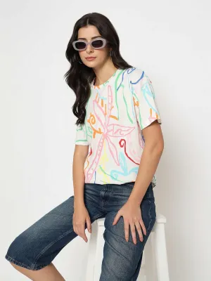 Madame All Over Print Half Sleeve White Cotton T-shirt Outdoor Layer Winter Layer