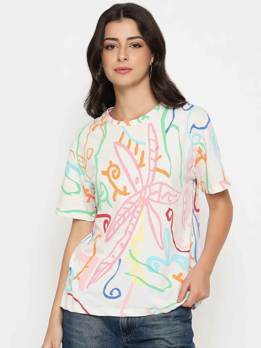 Comfy Pieces Light Outfit Madame All Over Print Half Sleeve White Cotton T-shirt