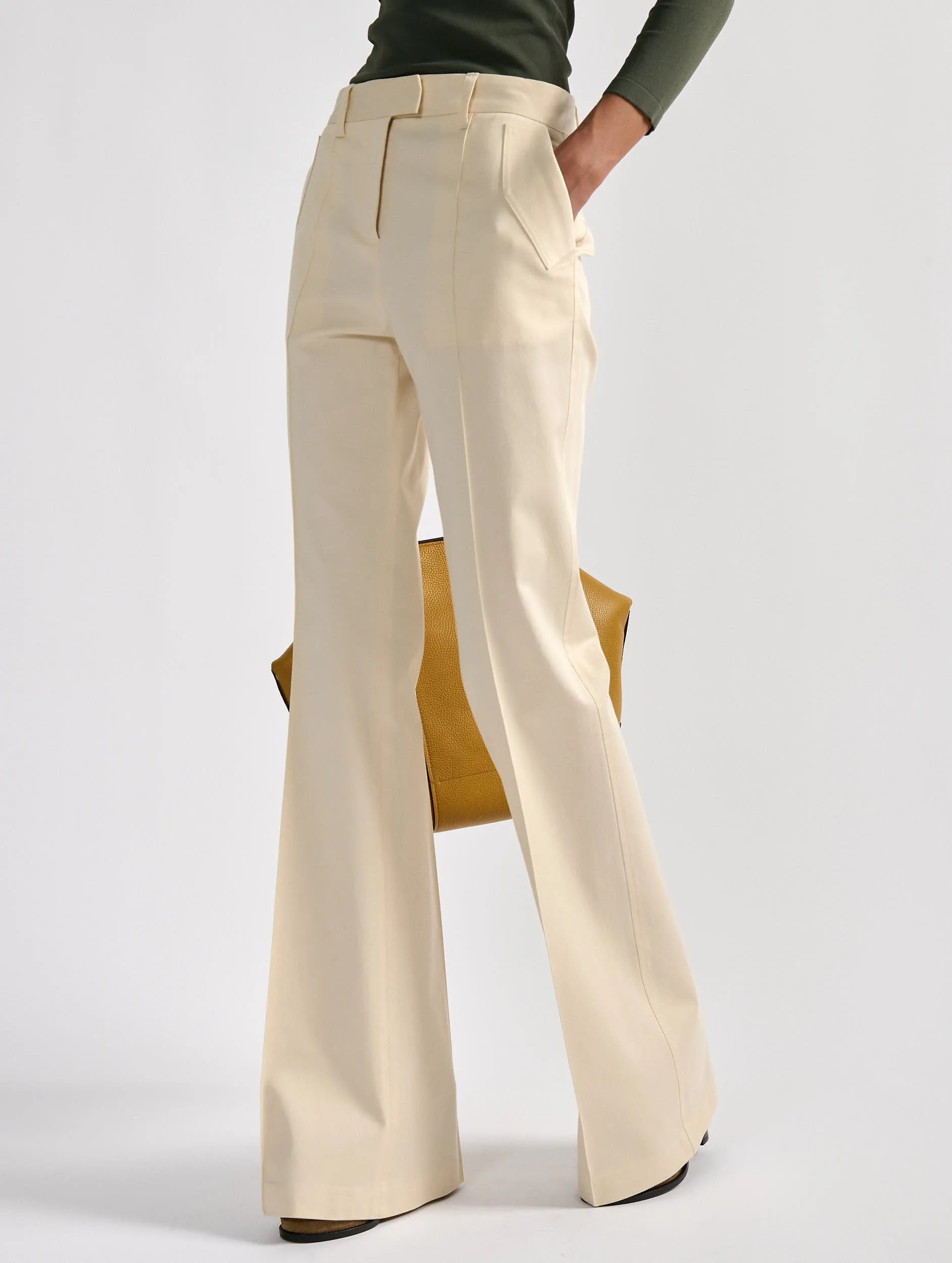 SustainableManufacturing Durable Twill Sand stretch cotton gabardine bootcut trousers