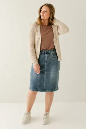 'Kyra' 100% Cotton Denim Skirt Crisp Accent Refined Sophistication Shopping Trip