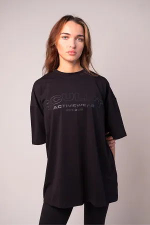 Bride Side Pearl Tone Signature Oversized Short Sleeve Logo T-Shirt Black