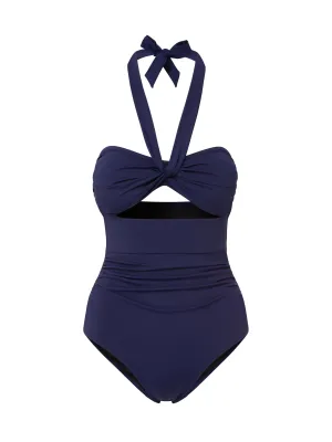 Ella One Piece Navy Satin Built In Shelf Bra Halter-Neck