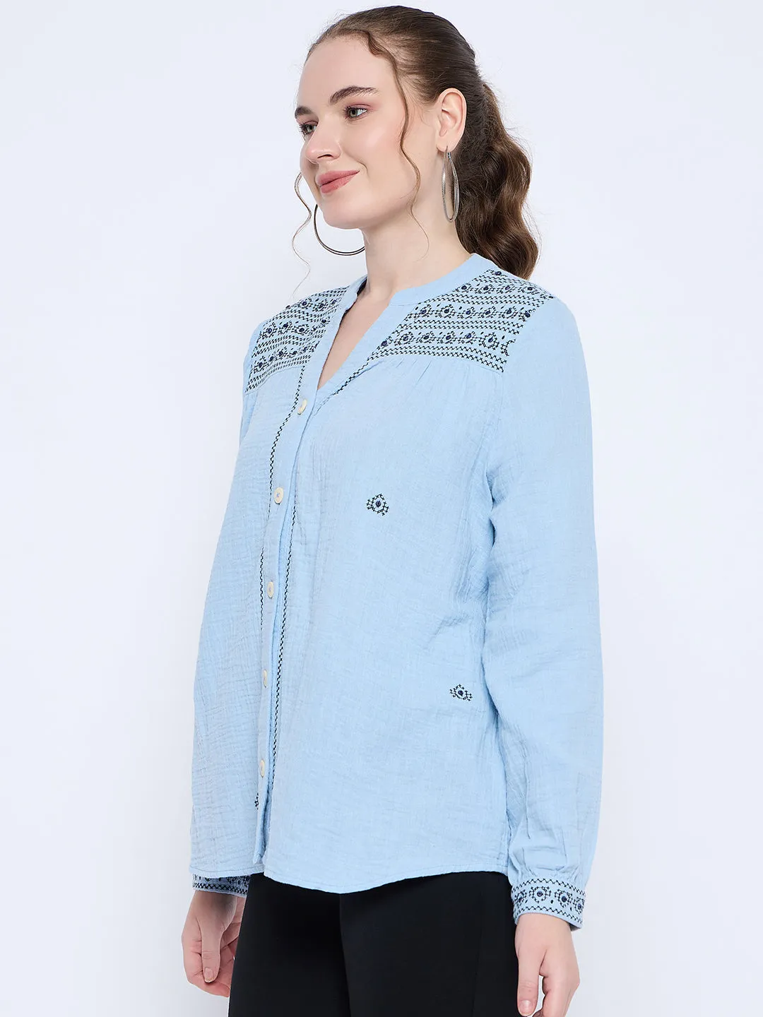 Madame Cotton Embroidery Detailed Sky Blue Top Versatile Clothing