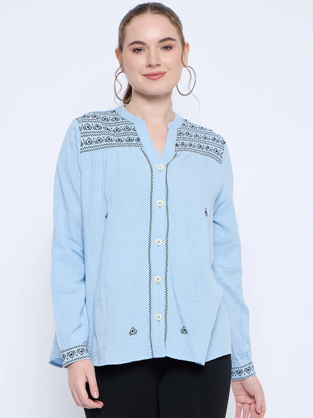 Madame Cotton Embroidery Detailed Sky Blue Top Durable Reinforced Edges