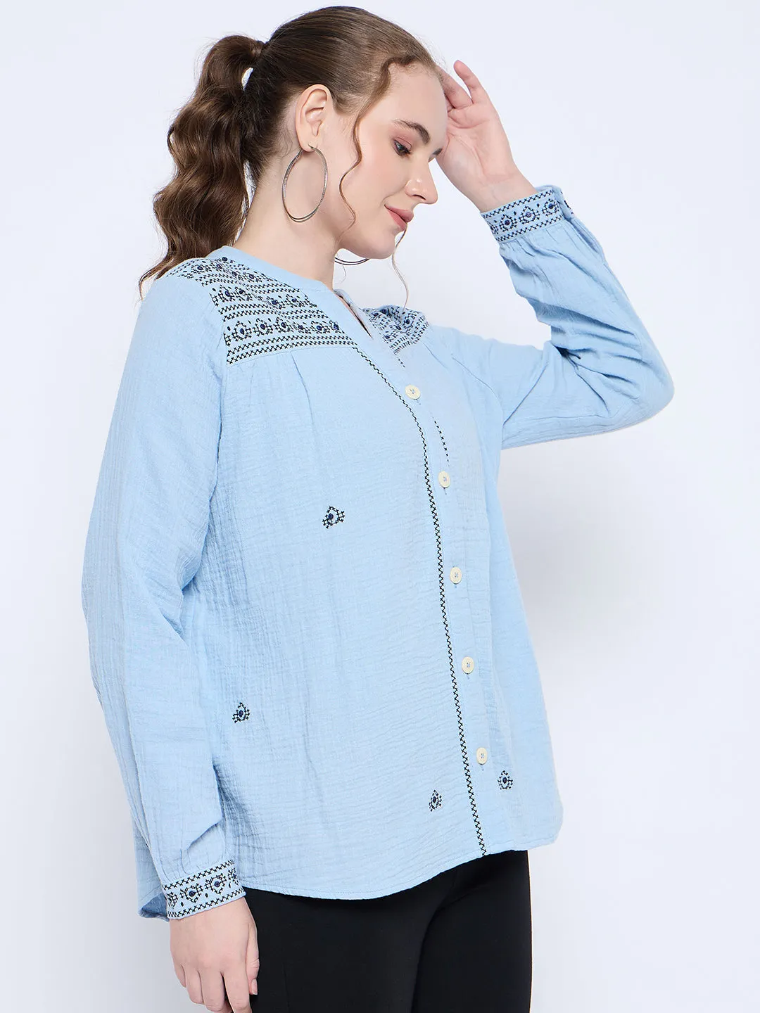 Play Mode Stylish Jumper Madame Cotton Embroidery Detailed Sky Blue Top