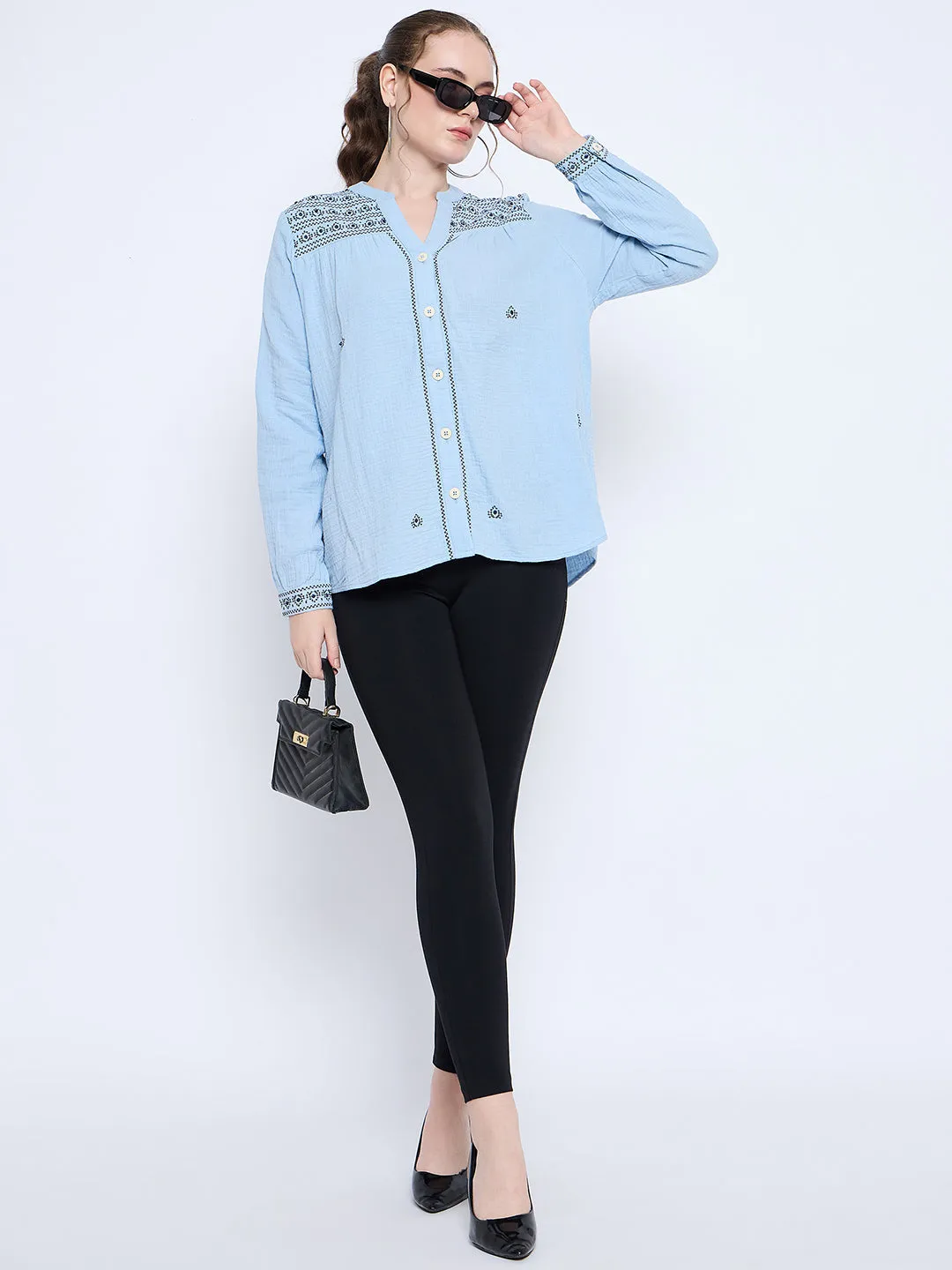 Madame Cotton Embroidery Detailed Sky Blue Top athletic shoes