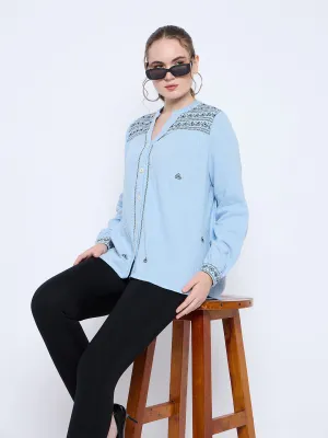 MultiPocket Organic Ease Madame Cotton Embroidery Detailed Sky Blue Top