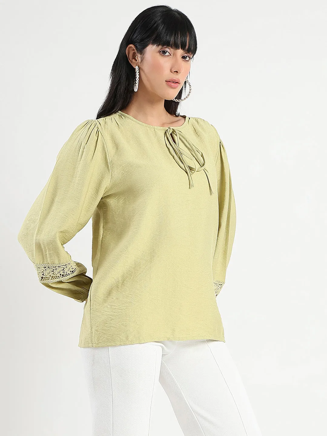 Madame Tie Neck Green Rayon Blend Top Simple Layering EasyAdjustment