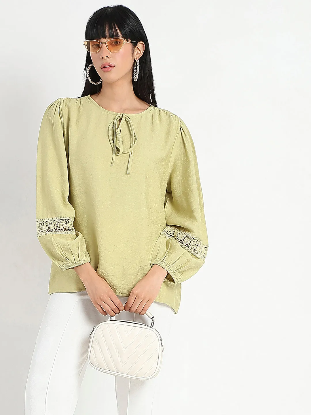 Organic Ease Walk Mood Madame Tie Neck Green Rayon Blend Top