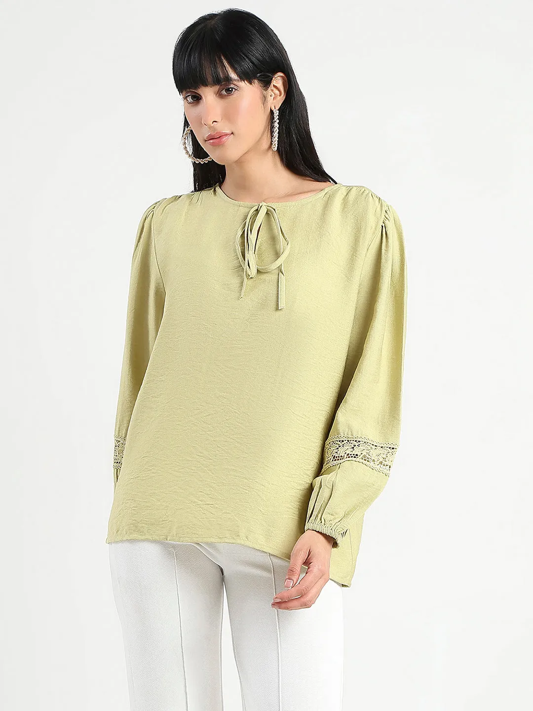 Madame Tie Neck Green Rayon Blend Top FlatlockStitching
