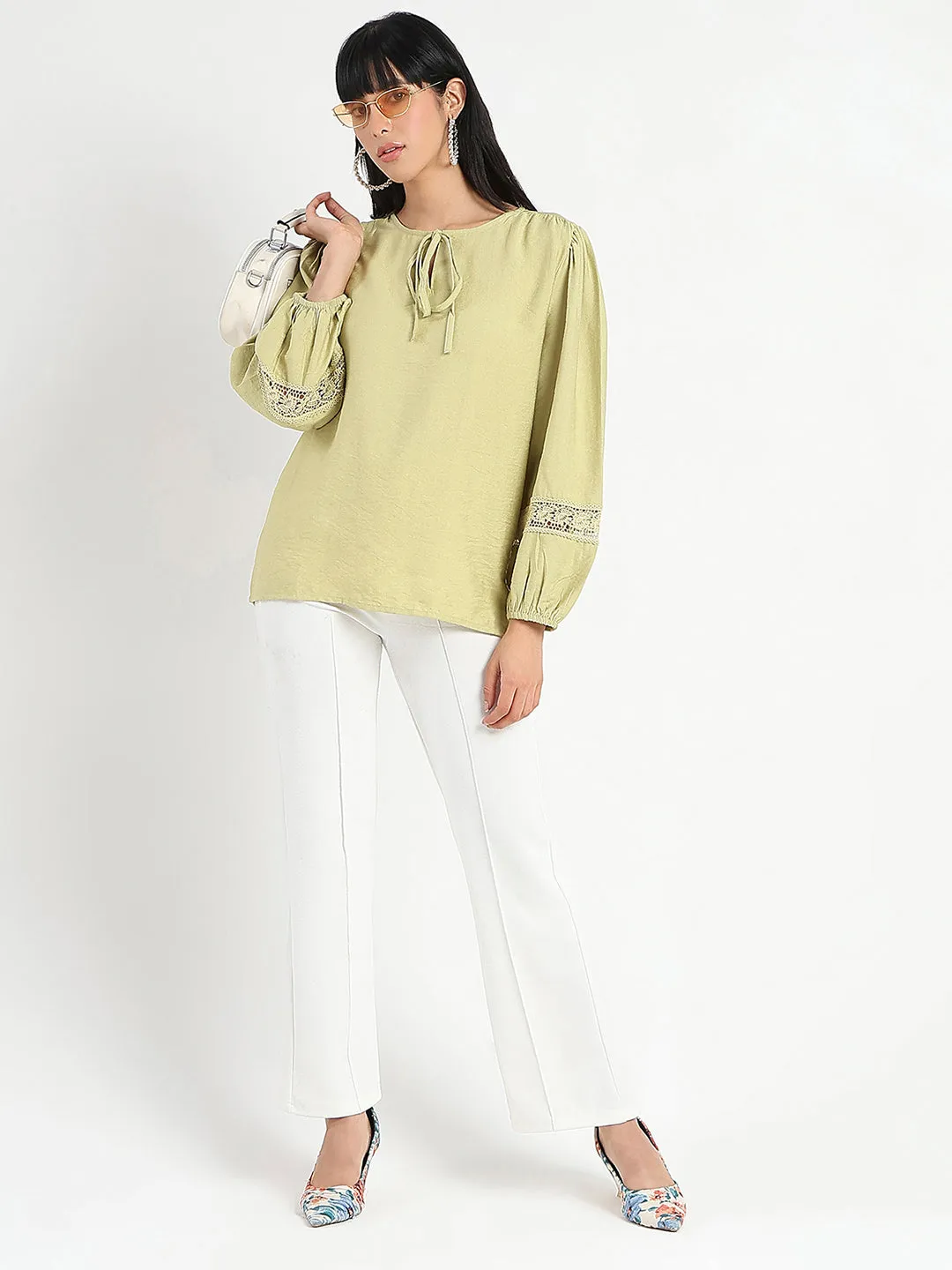 Madame Tie Neck Green Rayon Blend Top Lightweight Feel SustainableProduction