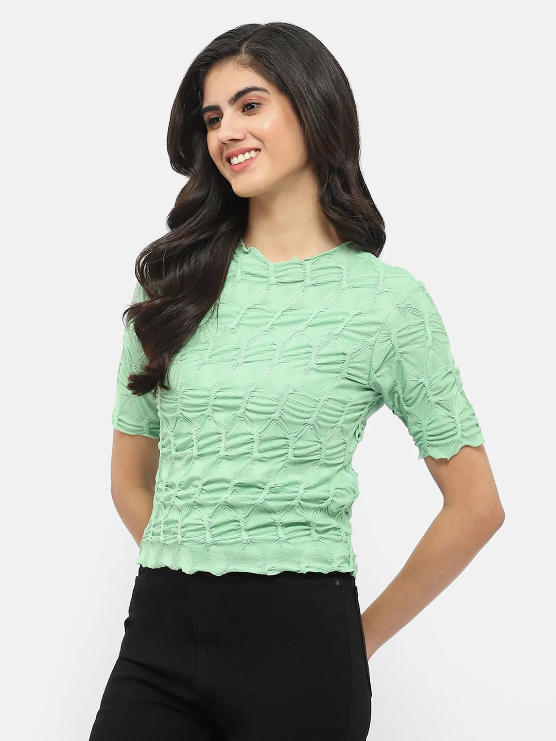 BalancedDrape Madame Lettuce Hem Green Crinkled Top