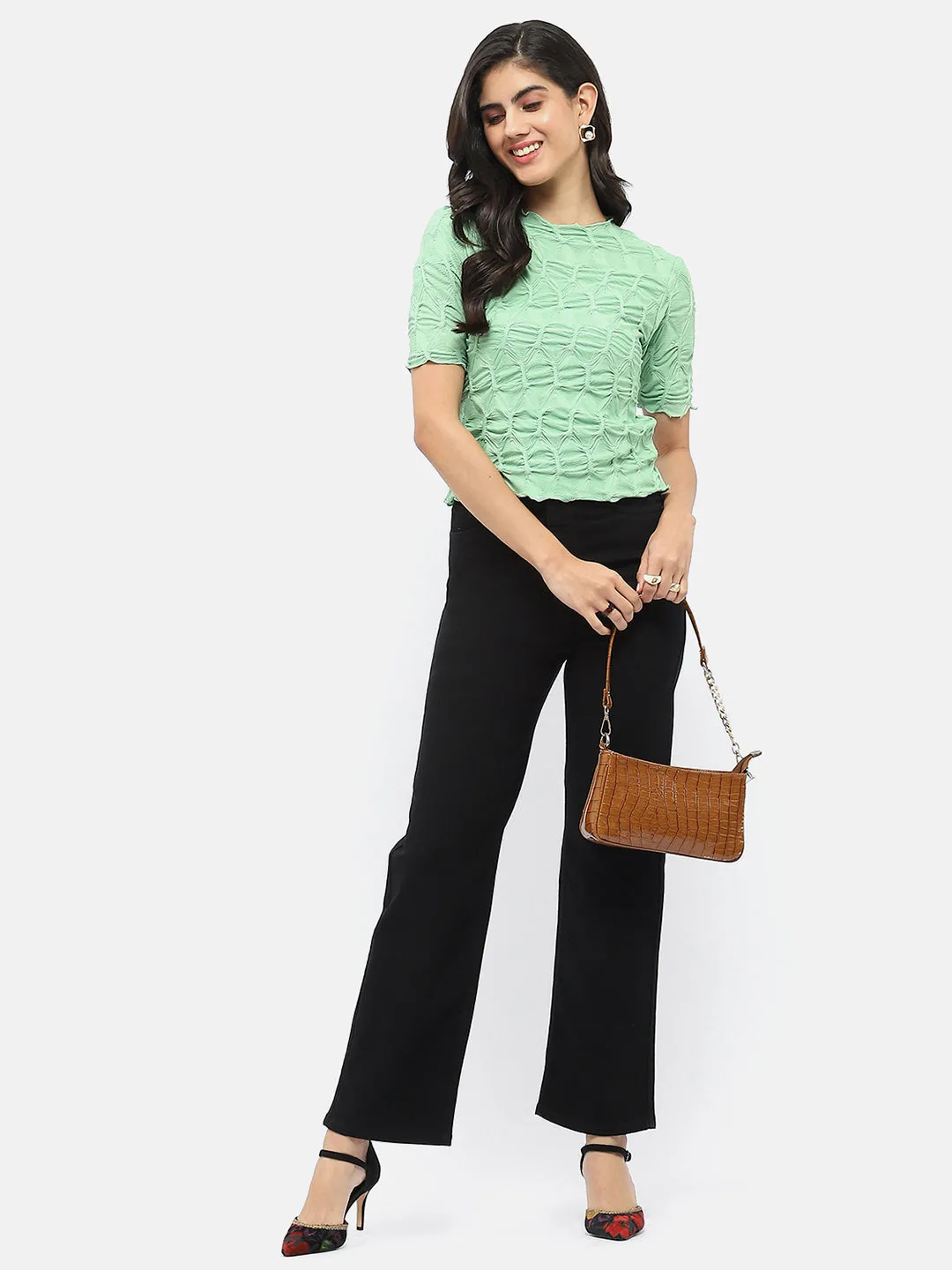 Fashionable Vest Madame Lettuce Hem Green Crinkled Top
